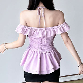 Halter off shoulder ruffle ruched button top