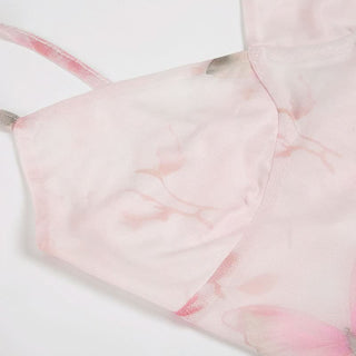 V neck flower print mesh patchwork cami maxi dress