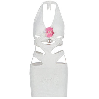 Halter hollow out flower applique cut out mini dress