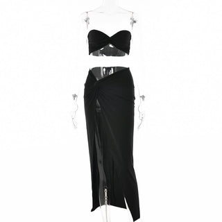Sweetheart neck ruched slit maxi skirt set