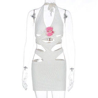 Halter hollow out flower applique cut out mini dress