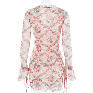 Long sleeve v neck flower print mesh mini dress
