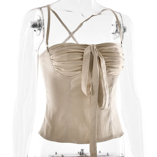 Ruched cross back zip-up bowknot top