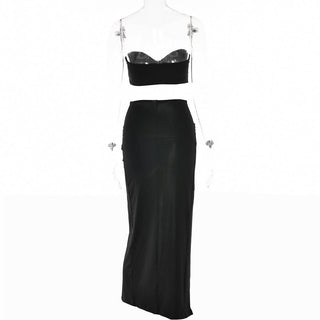 Sweetheart neck ruched slit maxi skirt set