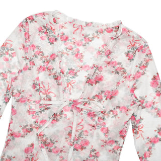 Long sleeve v neck flower print mesh mini dress