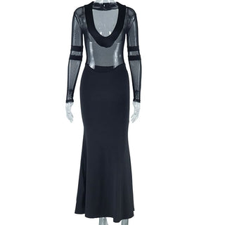 Long sleeve mesh patchwork maxi dress