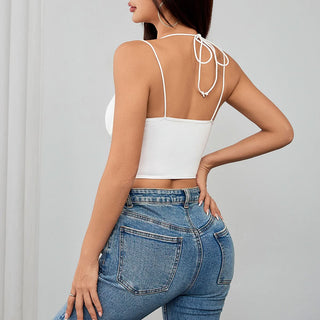 Halter button bustier lace hem cami top