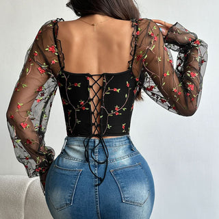 Flower embroidery bustier lace up top