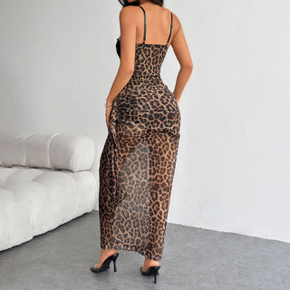 Leopard print bustier lace hem cami maxi dress