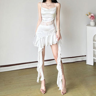 Cowl neck ruffle lace patchwork cami mini dress