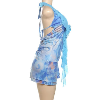 Halter contrast flower applique ruched mini dress