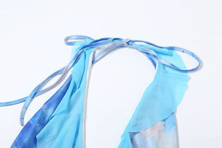 Halter contrast flower applique ruched mini dress