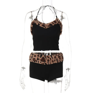 Leopard print halter fluffy beaded short pant set