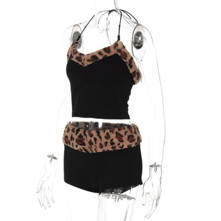 Leopard print halter fluffy beaded short pant set