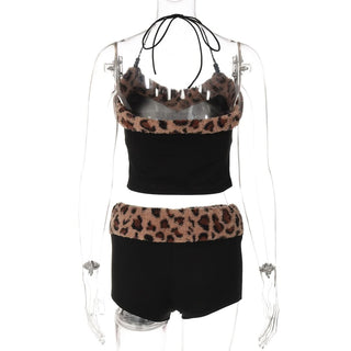 Leopard print halter fluffy beaded short pant set