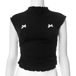 Ruffle bowknot crewneck ruched crop top