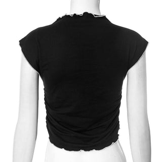 Ruffle bowknot crewneck ruched crop top