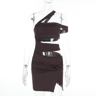One shoulder irregular hollow out ruched cut out mini dress