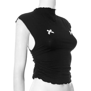 Ruffle bowknot crewneck ruched crop top