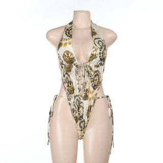 Halter self tie ruched print hollow out bodysuit