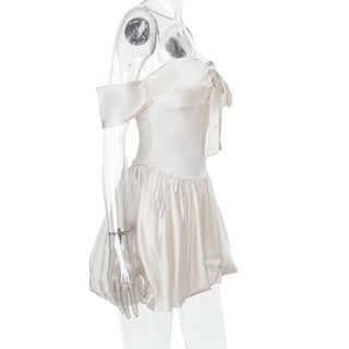 Off shoulder smocked ruched tube mini dress