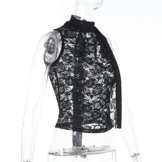 Lace see through crewneck solid crop top