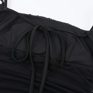 Mesh ruffle slit ruched square neck cami maxi dress