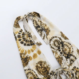 Halter self tie ruched print hollow out bodysuit