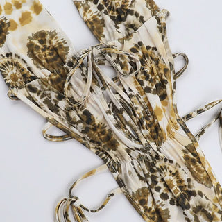 Halter self tie ruched print hollow out bodysuit