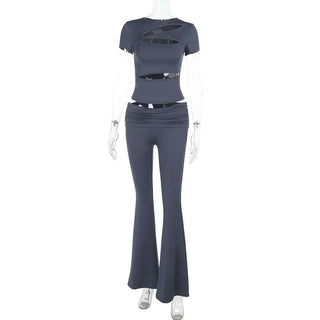 Crewneck short sleeve hollow out ruched pant set