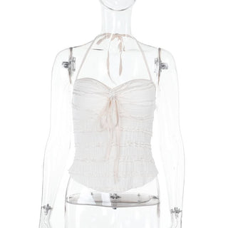 Ruffle halter self tie v neck backless top