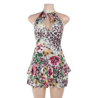 Leopard print hollow out halter self tie cut out mini dress