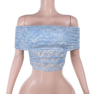 Off shoulder ruched print mesh tube top