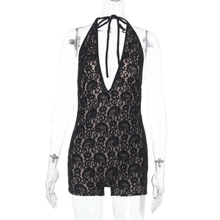 Halter self tie deep V neck lace backless romper