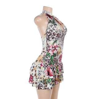 Leopard print hollow out halter self tie cut out mini dress