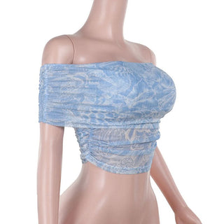 Off shoulder ruched print mesh tube top