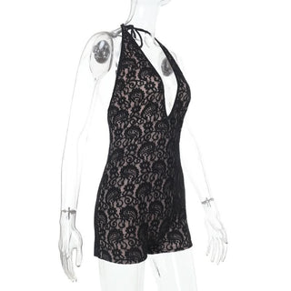 Halter self tie deep V neck lace backless romper