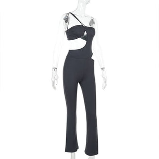 Irregular hollow out one shoulder solid jumpsuit