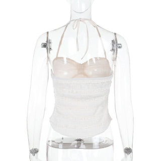 Ruffle halter self tie v neck backless top