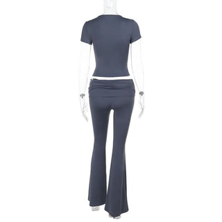 Crewneck short sleeve hollow out ruched pant set