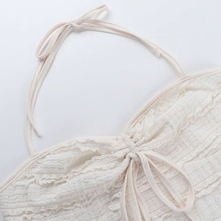 Ruffle halter self tie v neck backless top