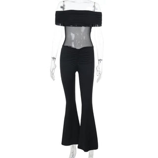 Off shoulder ruched mesh solid jumpsuit