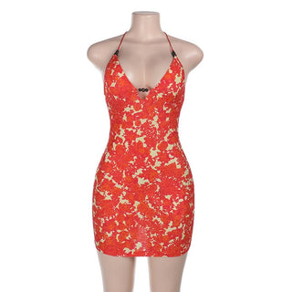 Self tie halter print v neck backless mini dress