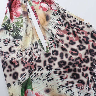 Leopard print hollow out halter self tie cut out mini dress