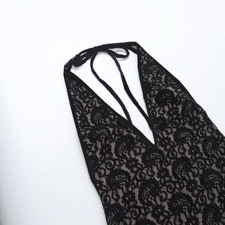 Halter self tie deep V neck lace backless romper