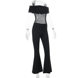 Off shoulder ruched mesh solid jumpsuit