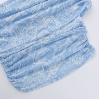 Off shoulder ruched print mesh tube top