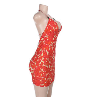 Self tie halter print v neck backless mini dress