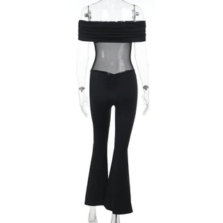 Off shoulder ruched mesh solid jumpsuit