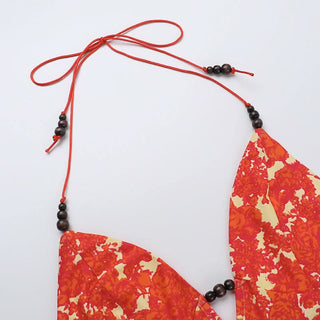 Self tie halter print v neck backless mini dress